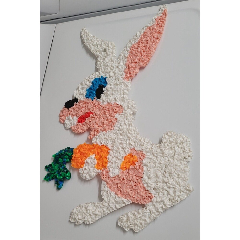 Vtg Melted Plastic Popcorn Easter Bunny Rabbit Wall Decor 70's